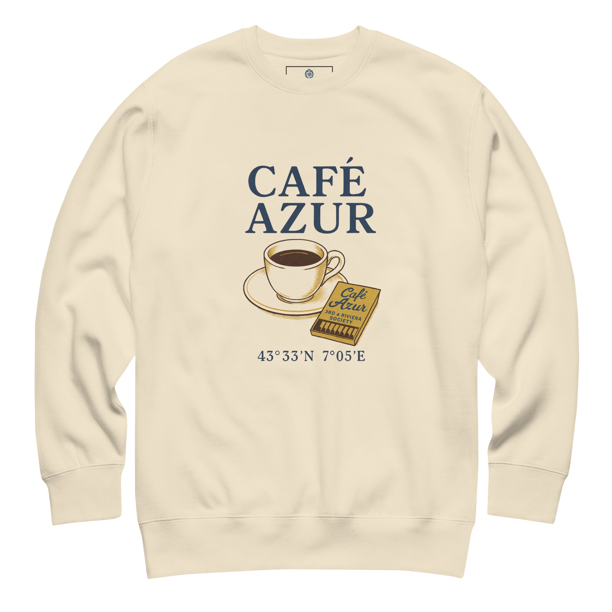 Beige sweatshirt with 'Café Azur' design featuring a coffee cup and map on a white background