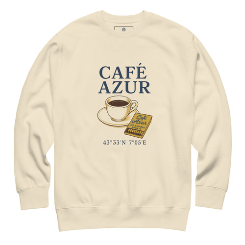 Beige sweatshirt with 'Café Azur' design featuring a coffee cup and map on a white background