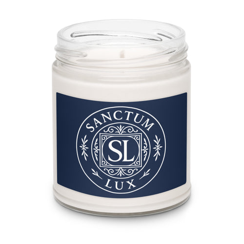Candle in a jar with a blue label featuring 'Sanctum Lux' on a white background