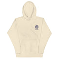 Beige hoodie with a logo on the chest against a white background
