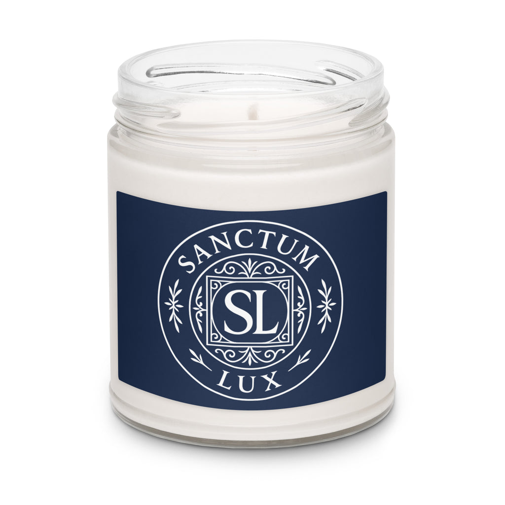 Candle in a jar with a blue label featuring 'Sanctum Lux' on a white background