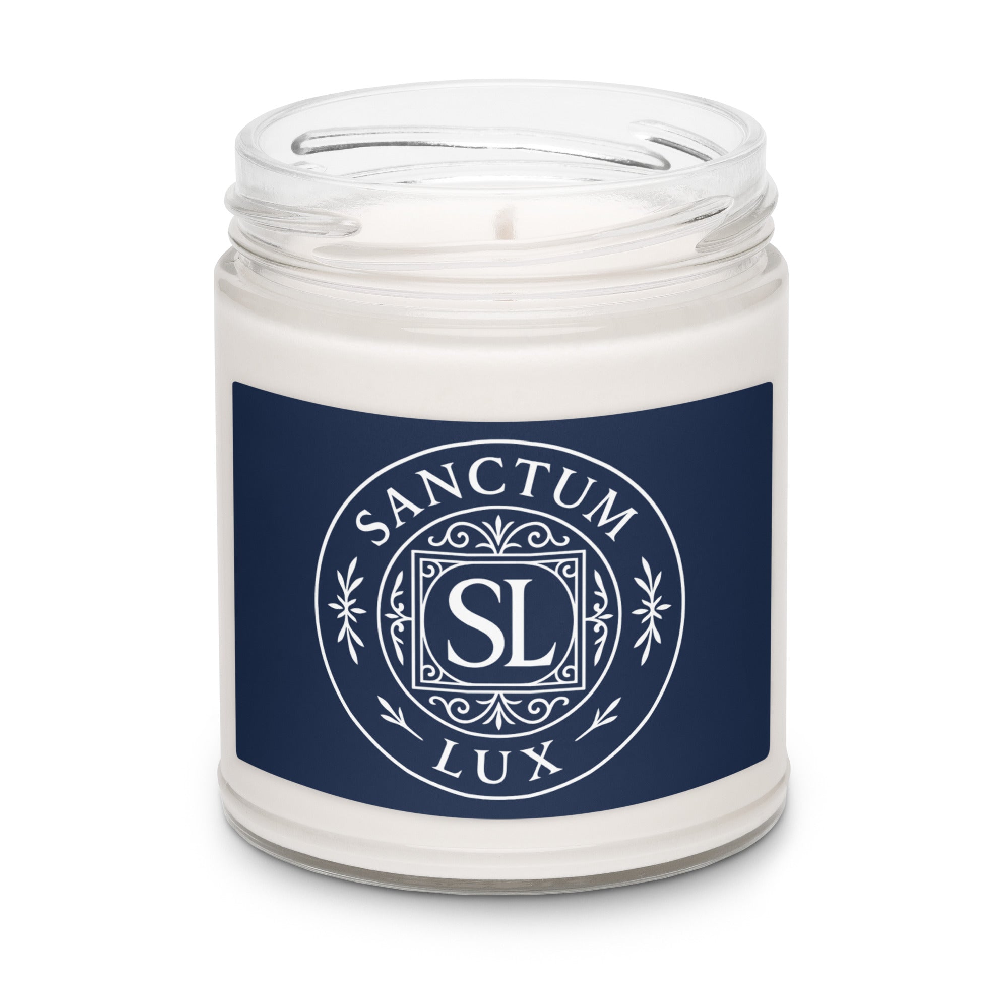 Candle in a jar with a blue label featuring 'Sanctum Lux' on a white background