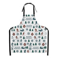 Apron with nordic-themed design featuring trees, houses, and people skiing on a white background.