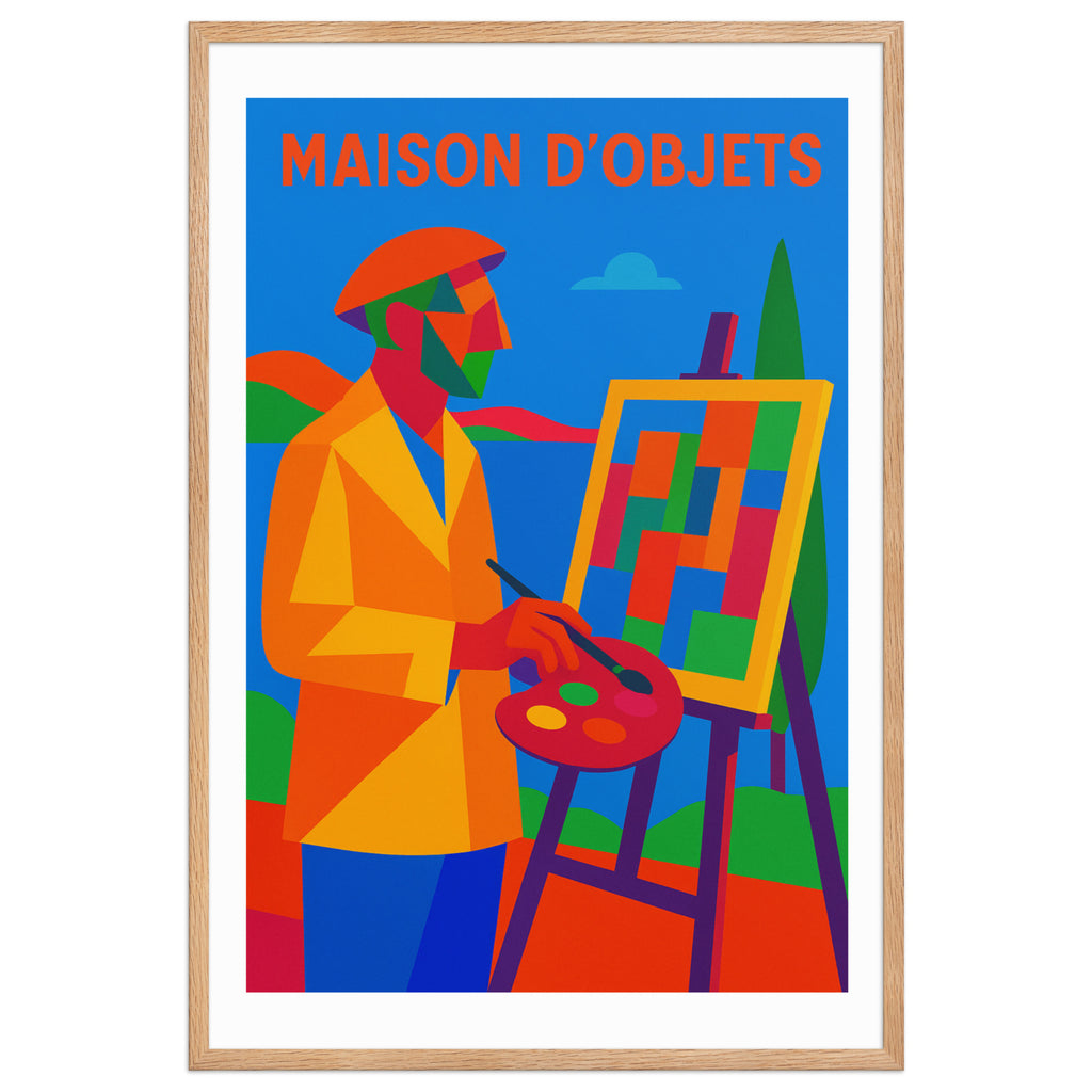 Colorful artwork of a painter with an easel and 'MAISON D'OBJETS' text.