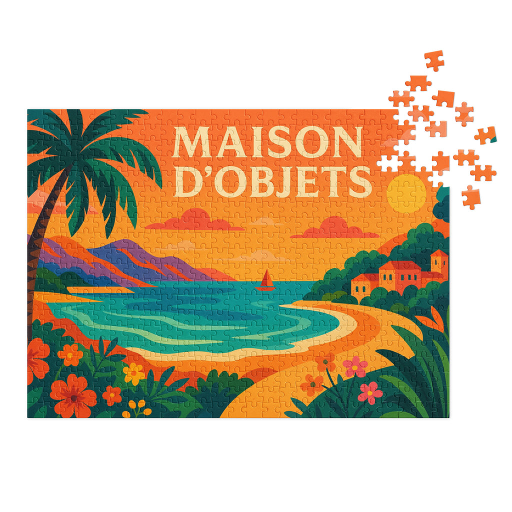 Jigsaw puzzle with a tropical scene and 'MAISON D'OBJETS' branding.
